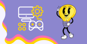 Une mascotte ampoule de la luciole à droite, à gauche un écran d'ordinateur avec une manette de console.