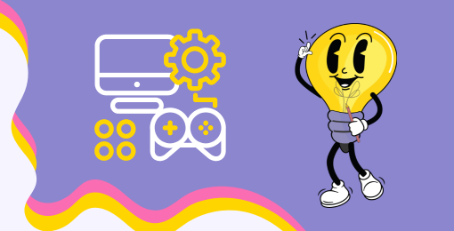 Une mascotte ampoule de la luciole à droite, à gauche un écran d'ordinateur avec une manette de console.