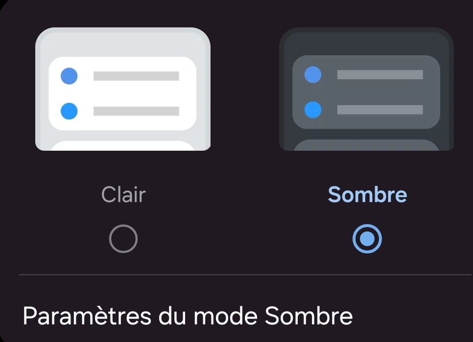 Capture du paramétrage du mode sombre sur un samsung.