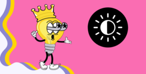 Une mascotte ampoule de la luciole à gauche, à droite un logo de soleil en noir et blanc pour désigner le mode sombre des appareils.